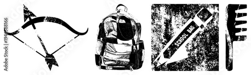 Educational essentials including bow and arrow, school backpack, pencil labeled "SCHOOL BAG," and comb, rendered in halftone vector style.