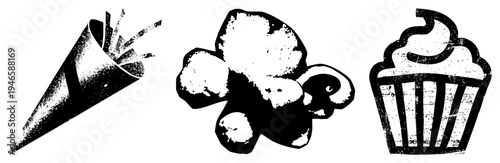 Retro styled halftone snack popcorn, ice cream cone, cupcake, classic vector graphic, textured black and white, nostalgic dessert symbols.