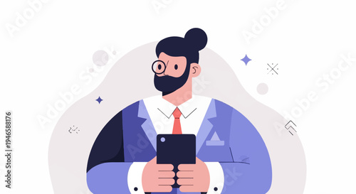 A man in a suit and tie holds a smartphone, styled with abstract shapes