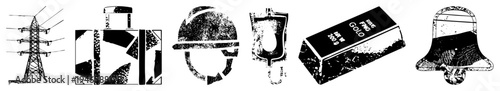 Set of black and white vector for industry use, including transmission tower, fuel container, safety gear, lifting equipment, precious metal, and warning bell, all in stencil style.