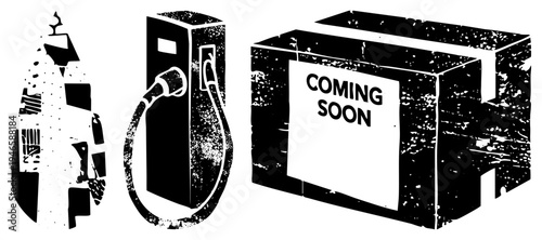Vintage style "Coming Soon" box, fuel nozzle pump, oil can graphic, halftone texture, retro advertising, vector illustration, isolated elements.