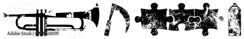 Stylized black silhouettes of trumpet, scissors, puzzle, spray can urban art tools, creative symbols, grunge texture, stencil design, isolated vector.