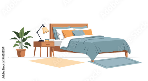 Modern bedroom setup features a comfortable bed, blue and orange pillows, wooden nightstand with lamp, green potted plant, and soft rugs, for a calm