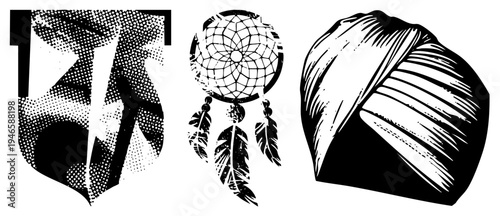 Vector illustrations featuring halftone shield, dreamcatcher with feathers, and turban headwrap, all in with distinct artistic styles. Isolated graphic elements for design use.