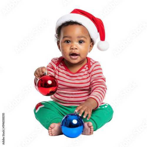Baby in Santa hat holding Christmas ornaments
