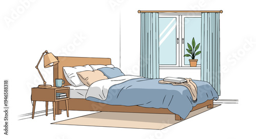 Cozy bedroom interior with comfortable bed, soft linens, lamp, and bright window, perfect for relaxation