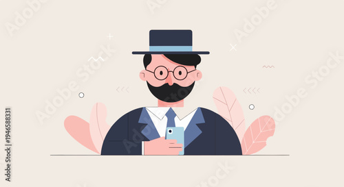 A man in a suit and hat looks at his phone, with stylized leaves around him