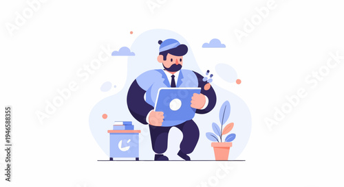 A man in a suit and hat holds a tablet, with a desk, books, and plant nearby