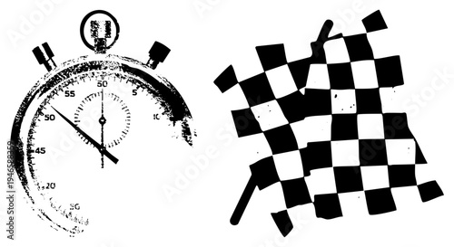 Classic stopwatch timing device with analog dial and start/stop buttons, racing flag with dynamic checkered, vector graphic design for speed and finish.