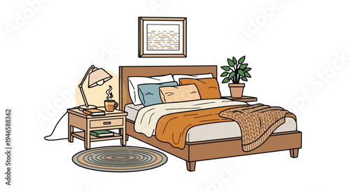 Warm, inviting bedroom scene: comfortable bed, soft pillows, cozy blanket, nightstand, lamp, books, hot drink, plant, rug, wall art; perfect