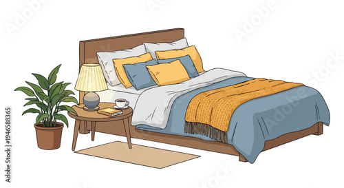 Cozy Bedroom Interior Illustration with Warm Tones and Comfortable Bedding