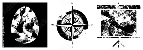 Black and white vector compass rose with halftone shading, starburst rays, and distressed texture, isolated graphic for design use.