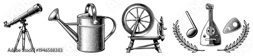 Classic engraved tools including telescope on, watering can, spinning wheel, and laurel wreathed musical instruments like lute and pick all in vector style.