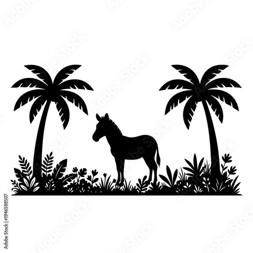 A black silhouette of a horse standing in front of palm trees on a white background