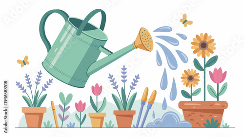 Charming flat illustration of watering can pouring water on vibrant flowers and plants in pots with gardening tools