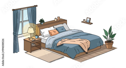 A welcoming bedroom scene shows a comfortable bed with soft blue blankets, a nightstand, reading lamp, sunlit window, and a green plant for ultimate