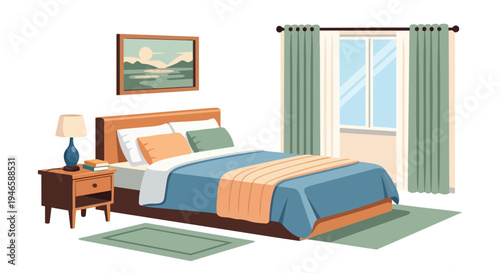 Cozy bedroom interior with comfortable bed and stylish decor flat illustration design modern living space