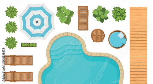 Swimming Pool and Garden Furniture Top View Vector Set 