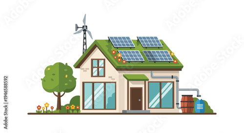 Sustainable Green Energy Home with Solar Panels Wind Turbine and Rainwater Harvesting System promoting eco conscious living for a cleaner future