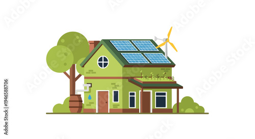 A charming illustration of a green home featuring solar power wind energy and rainwater collection