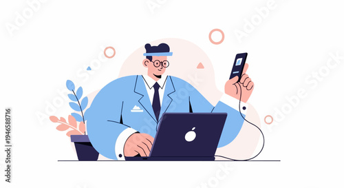 A man in a suit works on a laptop, holding a phone, with plants nearby