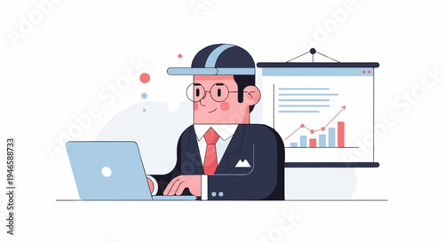 A man in a suit and cap works on a laptop with a presentation chart behind him