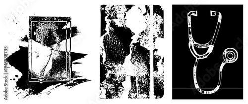 Medical stethoscope with distressed texture, healthcare symbol, diagnostic tool, doctor equipment, black and white vector illustration.