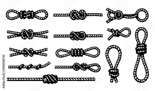 Set of realistic rope knots and twisted rope elements isolated on white background vector illustration