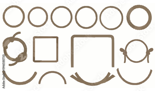 Set of decorative rope frames and circular rope borders isolated on white background vector illustration
