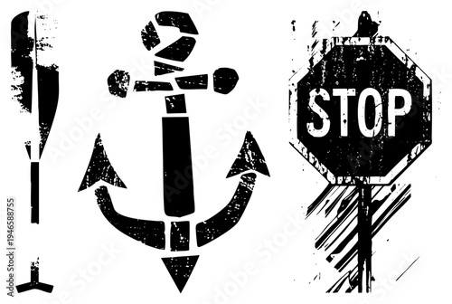 Grungy anchor, oar, and stop sign, weathered stencil style, maritime and road safety symbols, black and white vector design.