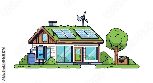 A delightful cartoon rendering of a highly efficient, sustainable home, featuring multiple advanced renewable energy sources and innovative