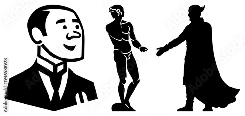 Vector of a businessman, a classical statue, and a cape wearing figure, all in bold black, flat design, isolated characters, symbolic representation.
