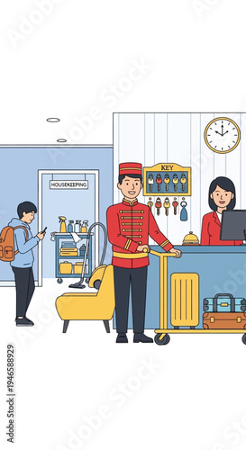 Hotel Bellhop Assisting Guest at Reception.