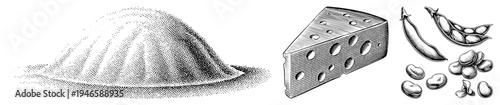 Classic halftone vector art featuring cheese wedge, split pea pods, loose beans, and sand mound, rendered in with stippling texture, ideal for culinary or retro design projects.