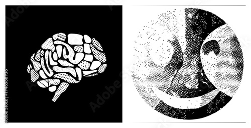 Brain illustration with halftone textures, geometric forms, design, stylized neural structure, graphic art, vector.