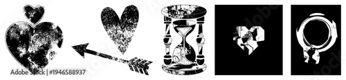Distressed black and white vector heart pierced by arrow, hourglass, shattered heart, female sign. Vintage, gritty, symbolic, graphic design elements.