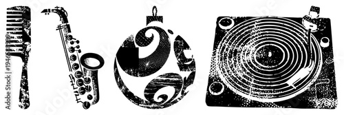 Black and white graphic representing music culture comb, saxophone, bass clef ornament, turntable. Grunge texture, vector style, isolated symbols for design.