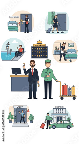 Hotel Staff and Guests Illustration Set.
