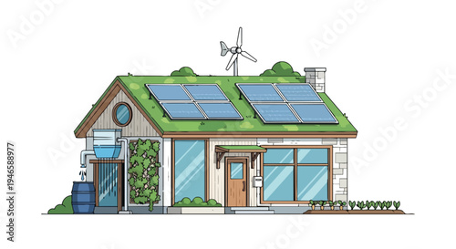 Sustainable urban dwelling showcasing innovative renewable energy and water conservation systems