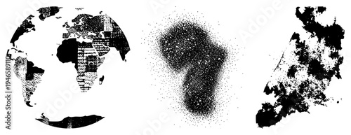 World map silhouette constructed from newspaper text, abstract continent shapes via halftone dots, typographic geography, vector art, black and white design.