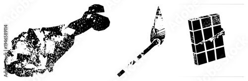 Ancient handcrafted stone, flint tipped spear, broken chocolate bar, rustic textured graphics, primitive tool set, prehistoric weapon, survival gear.