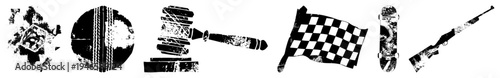 Grunge style cricket ball, auction hammer, checkered flag, skateboard, rifle distressed textures, bold silhouettes, urban sports & law themes.