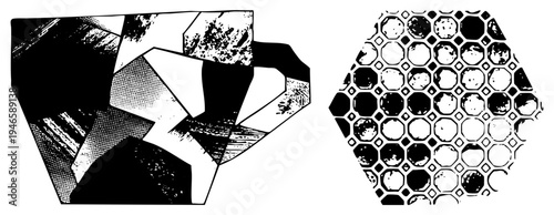 Bold black and white vector art with fragmented polygons, repeating hex grids, halftone textures, minimalist design, Art Deco, geometric abstraction.