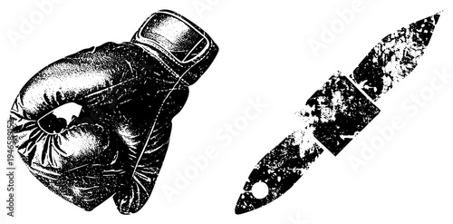 Classic boxing glove and dagger rendered in gritty halftone style, combat symbols, vintage graphic design, black and white vector illustration, martial.