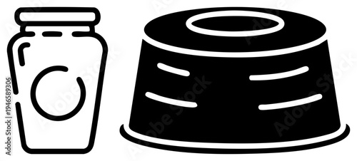 Simple black and white vector showing a glass jar with handle and a black ceramic pot with, minimalist style, kitchenware symbols.
