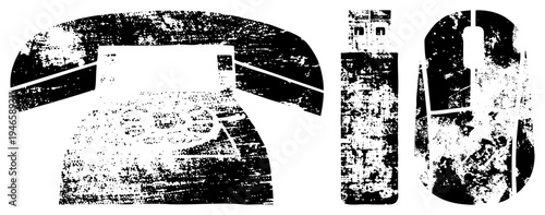 Retro rotary phone, USB flash drive, ergonomic mouse, distressed halftone vector, tech nostalgia, digital analog, pixelated.