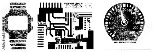 Digital device, electronic circuit, analog speed gauge, tech vector art, minimalist tech symbols, tech interface elements, digital gadget.