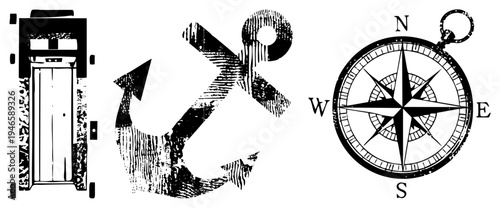 Nautical themed vector including anchor, compass rose, and wooden door with vintage texture. Maritime navigation tools and ship elements. Isolated nautical symbols for design.