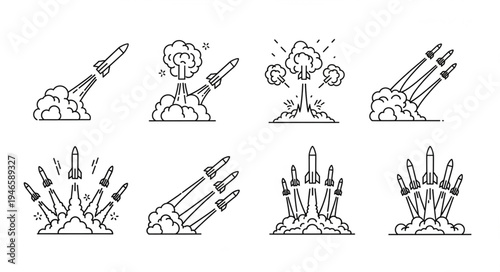 Collection of rocket launch illustrations with smoke trails and explosions.