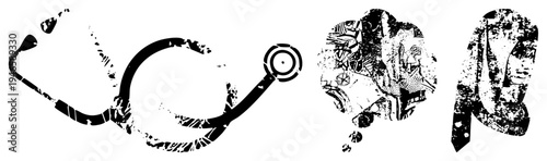 Graphic of stethoscope, brain, and face rendered in gritty halftone style, medical symbols, abstract vector illustrations, black and white design.